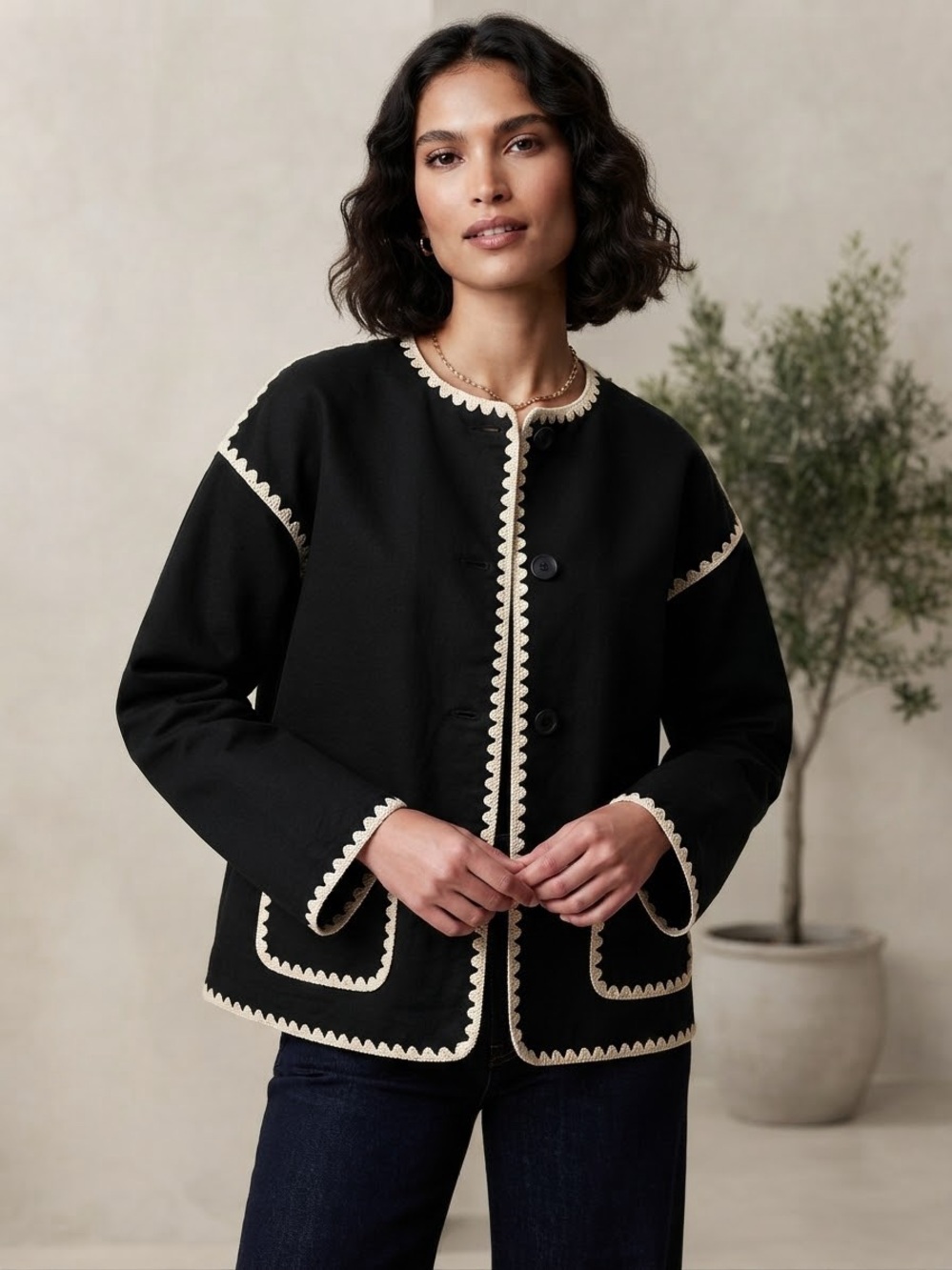 Commense Black Jacket with Cream Scallop Trim